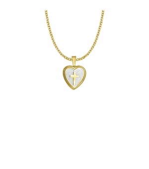 15/16 Inch 14KT Gold Plated Over Sterling Silver Cross and Mother of Pearl Heart Locket Necklace