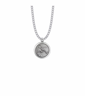 15/16 Inch Round Sterling Silver Boy's Baseball Player Medal with Cross on Back
