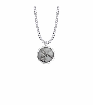 15/16 Inch Round Sterling Silver Boy's Baseball Player Medal with St. Christopher on Back