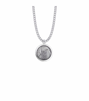 15/16 Inch Round Sterling Silver Boy's Basketball Medal with St. Christopher on Back