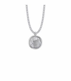 15/16 Inch Round Sterling Silver Boy's Basketball Player Medal with Cross on Back