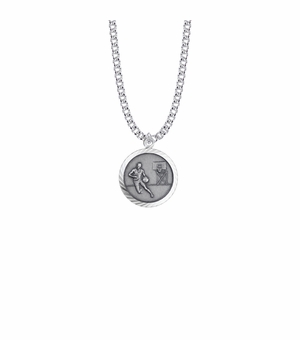 15/16 Inch Round Sterling Silver Boy's Basketball Player Medal with St. Christopher on Back