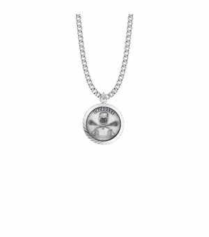 15/16 Inch Round Sterling Silver Boy's Lacrosse Medal with St. Christopher on Back