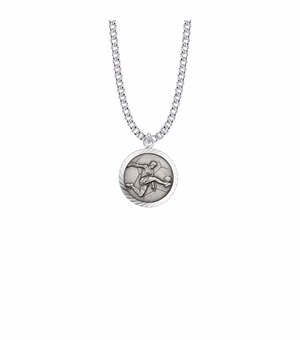 15/16 Inch Round Sterling Silver Boy's Soccer Player Medal with St. Christopher on Back