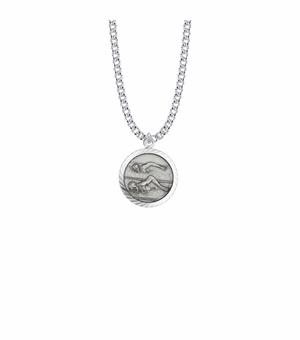 15/16 Inch Round Sterling Silver Boy's Swimmer Medal with St. Christopher on Back