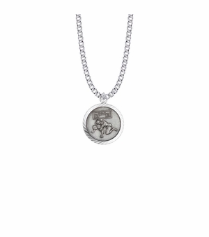 15/16 Inch Round Sterling Silver Boy's Wrestling Medal with St. Christopher on Back