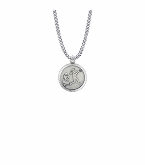 15/16 Inch Round Sterling Silver Girl's Softball Player Medal with Cross on Back