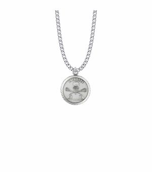 15/16 Inch Round Sterling Silver Lacrosse Medal with Cross on Back