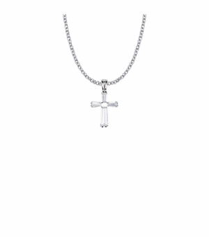 15/16 Inch Sterling Silver Crystal Cubic Zirconia Baguette Cross Necklace