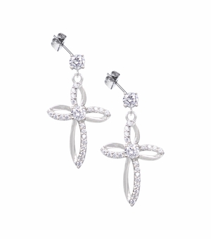 15/16 Inch Sterling Silver Flared Cross Earrings with Cubic Zirconia Stones