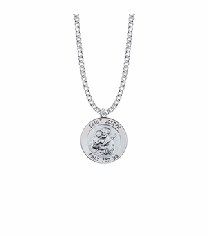 15/16 Inch Sterling Silver Large Round St. Joseph Medal, Patron Saint of Carpenters and Fathers