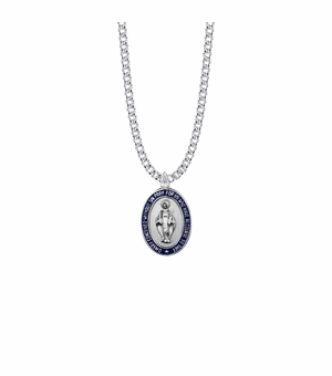 15/16 Inch Sterling Silver Oval Blue Bordered Miraculous Medal