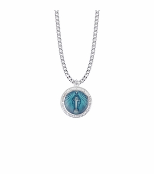 15/16 Inch Sterling Silver Round Blue Enameled Miraculous Medal