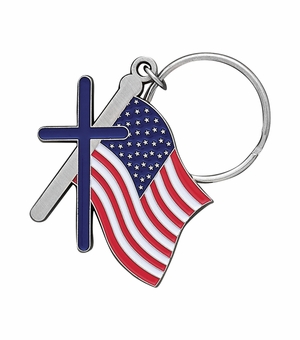 2-1/16 x 1-7/8 Inch Fine Pewter and Enameled American Flag with Cross Key Chain
