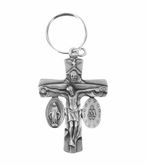 2-1/2 Inch Antique Fine Pewter holy Trinity Crucifix and Miraculous Key Chain