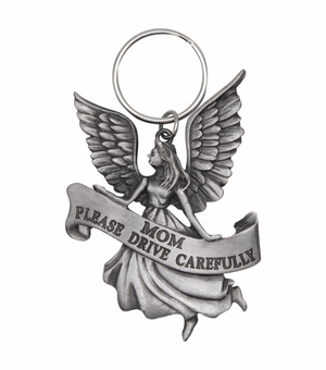 2-1/4 Inch Fine Pewter Angel with "Mom Please Drive Carefully" Key Chain