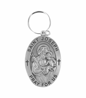 2-1/4 Inch Fine Pewter Oval St. Joseph, Patron Saint of Carpenters/Workers Key Chain