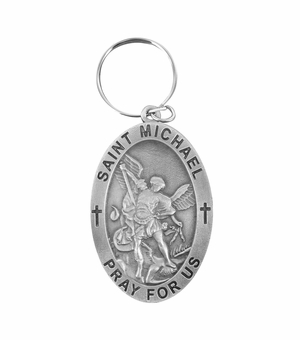 2-1/4 Inch Fine Pewter Oval St. Michael, Patron Saint of Police Key Chain