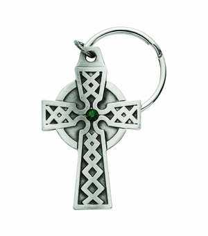 2-1/4 x 1-3/8 Inch Celtic Cross with Green Crystal Center Key Chain