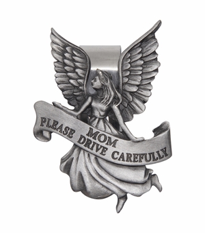 2-1/4 x 1-5/8 Inch Fine Pewter Angel with "Mom Please Drive Carefully" Visor Clip