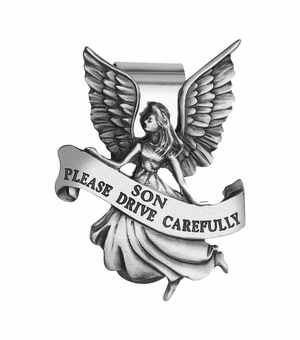 2-1/4 x 1-5/8 Inch Fine Pewter Son "Please Drive Carefully" Angel Visor Clip