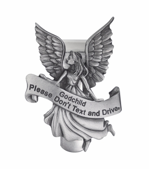 2-1/4 x 1-5/8 Inch "Godchild Please Don't Text And Drive" Guardian Angel Fine Pewter Visor Clip