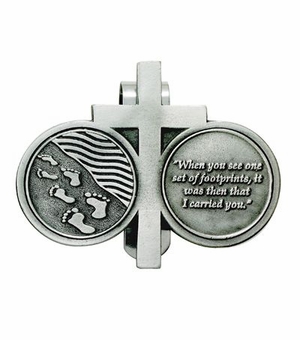2-1/4  x 2-3/4 Inch Fine Pewter Footprints Prayer and Cross Coins Visor Clip