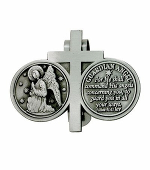 2-1/4  x 2-3/4 Inch Fine Pewter Guardian Angel and Cross Coins Visor Clip