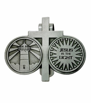 2-1/4  x 2-3/4 Inch Fine Pewter Jesus is the Light and Cross Coins Visor Clip