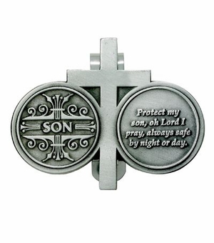 2-1/4  x 2-3/4 Inch Fine Pewter Son and Cross Coins Visor Clip