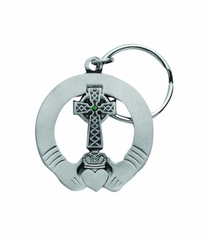 2-1/8 x 1-3/4 Inch Celtic Claddagh and Cross with Green Crystal Center Key Chain