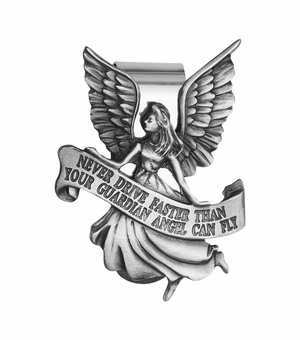 2-1/8 x 1-3/4 Inch Fine Pewter "Never Drive Faster Than Your Guardian" Angel Visor Clip