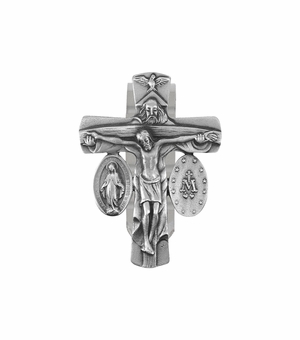 2-3/4 Inch Antique Fine Pewter Trinity Crucifix and Miraculous Visor Clip