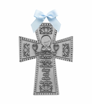 2-3/4 Inch Antiqued Pewter Baby Boy Cradle Cross