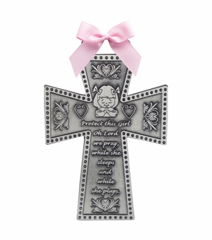 2-3/4 Inch Antiqued Pewter Baby Girl Cradle Cross