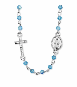 2.5mm Aqua Glass Crystal Beads Rosary Necklace with Cross and Miraculous Medal Charms