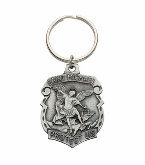 2 x 1-1/2 Inch Fine Pewter Shield St. Michael, Patron Saint of Police Officers Key Chain