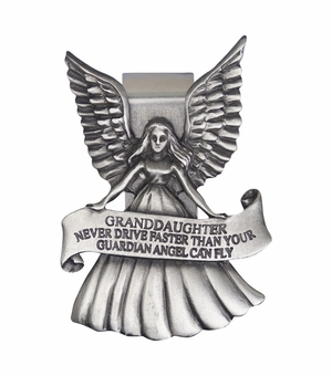 2 x 1-1/2 Inch "Granddaughter Never Drive Faster Than Your Guardian Angel" Fine Pewter Visor Clip