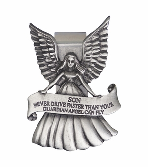 2 x 1-1/2 Inch "Son Never Drive Faster Than Your Guardian Angel" Fine Pewter Visor Clip