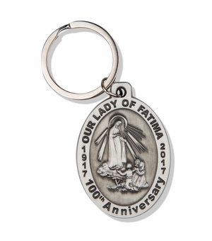 2 x 1-1/4 Inch Oval Fine Pewter Our Lady of Fatima Key Chain