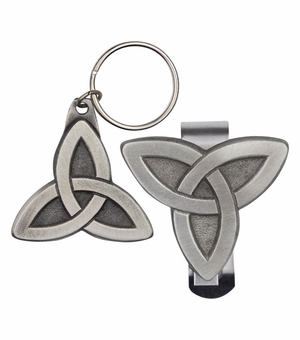 2 x 1-15/16 Inch Fine Pewter Celtic Knot Key Chain and 1-3/4 x 1-11/16 Inch Pewter Celtic Knot Visor Clip Set
