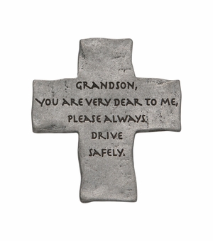 2 x 1-3/4 Inch Fine Pewter Grandson "Drive Safely" Cross Visor Clip