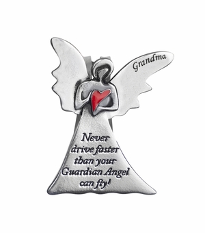 2 x 1-5/8 Inch Fine Pewter Grandma "Never Drive Faster Than Your Guardian Angel"  Visor Clip