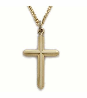 24KT Gold Plated Over Sterling Silver Cross Necklace in a Polished Finish and Line Design