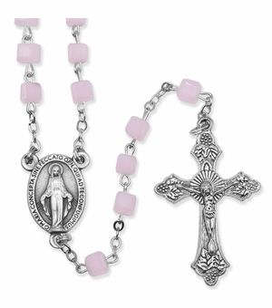 2mm Pink Cubed Glass Beads Rosary with Crucifix and Miraculous Center