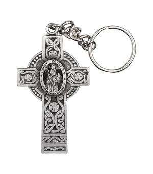 3-1/8 x 1-11/16 Inch Fine Pewter Celtic Cross with St. Patrick, Patron Saint of the Irish Center Key Chain