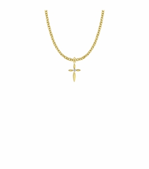 3/4 Inch 14K Gold Plated Over Sterling Silver Oval Ends Cross Necklace with Cubic Zirconia Stone