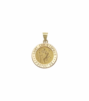 3/4 Inch 14KT Gold Hollow Round St. Christopher Medal, Patron Saint of Travelers