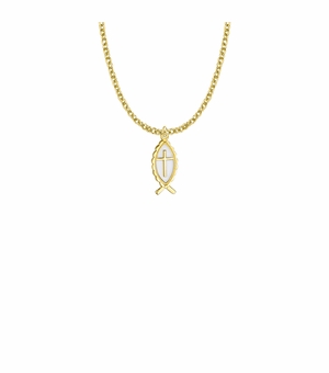 3/4 Inch 18KT Gold Plated Over Sterling Silver Filled Fish and Cross Necklace