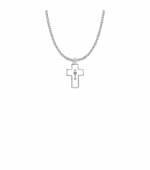 3/4 Inch Silver Plated Enameled Cross and Centered Chalice Necklace